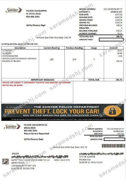 USA City of Sumter South Carolina water utility bill template in Word and PDF format